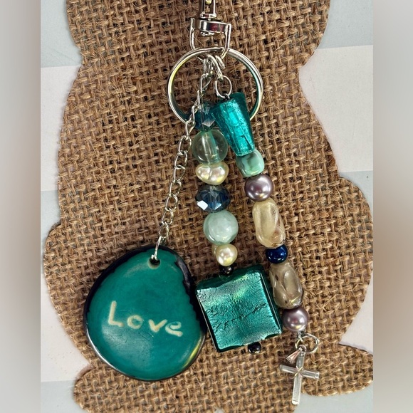 Upcycled jewelry Colorful Beaded bag charm with Love  and cross Charm - Picture 5 of 9
